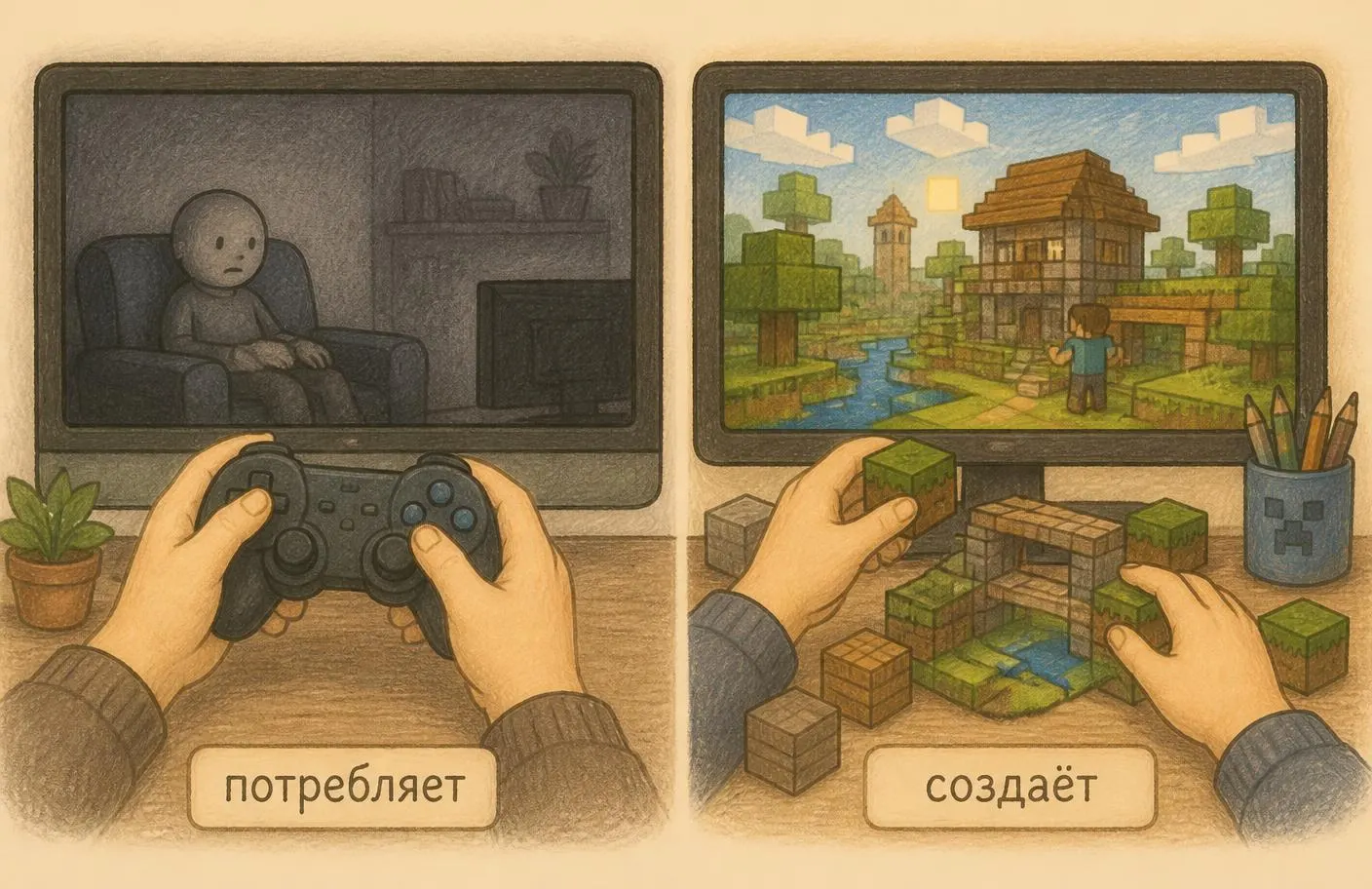 Два экрана: потребляет и создаёт